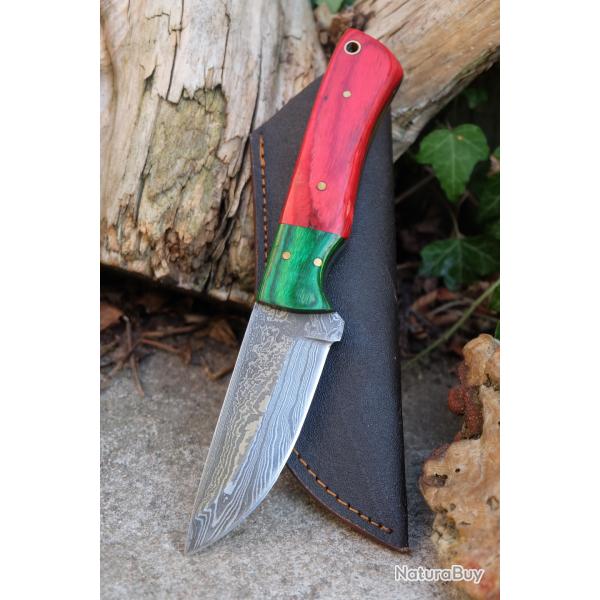 Skinner Couteau Damas Lame 256 Couches Lame Drop Point Manche Rubis Fabr Artisanale Etui Nylon