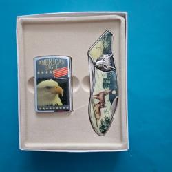 COFFRET COUTEAU + BRIQUET THEME LOUP ET AIGLE