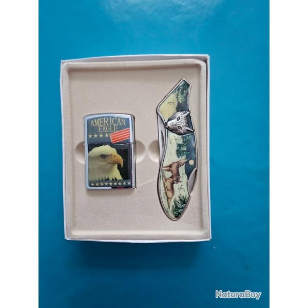 COFFRET COUTEAU + BRIQUET THEME LOUP ET AIGLE