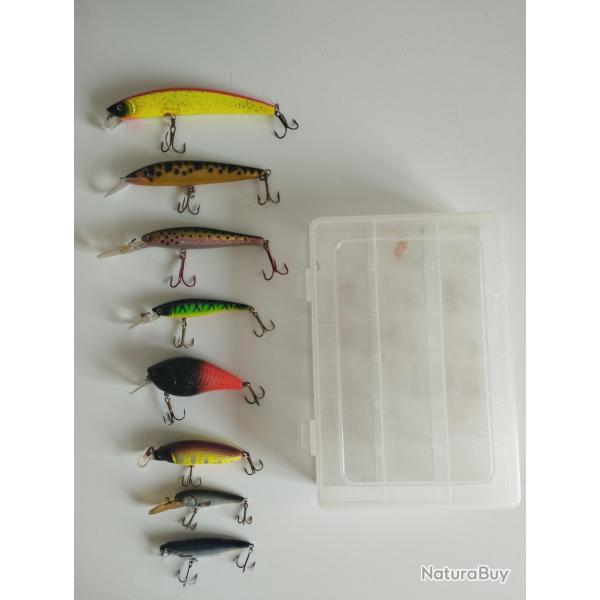 LOT 8 LEURRES POISSONS NAGEURS ENTRE 5 ET 13CM AVEC BILLES INTERIEURES + BOITE RANGEMENT 20X13X4CM