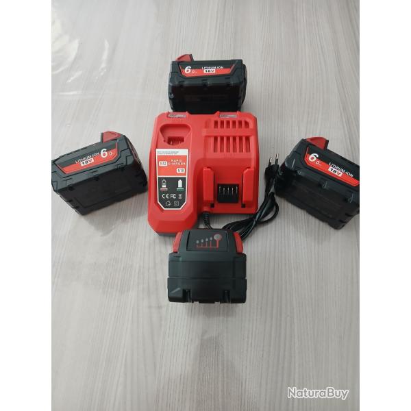 Lot un chargeur 3A adaptable batterie Milwaukee 12V 18V M12 M18 et 4 batteries 18V 6 Ah NEUF
