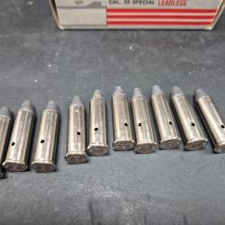 lot de 10 mun. 38 Sp&eacute;cial neutralis&eacute;es nickel&eacute;, laiton, winchester, Geco... t&ecirc;te plomb ou cuivr&eacute;