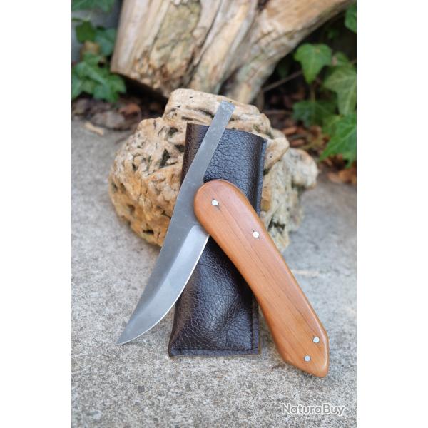 Couteau Pi�montais Manche Bois Olivier Lame Clip Point Acier Carbone 1055 Fabric Artisanale Housse