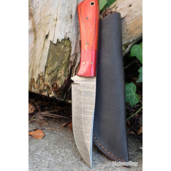 Skinner Couteau Damas Lame 256 Couches Lame Trailing Point Manche Rubis Fabr Artisanale Etui Nylon