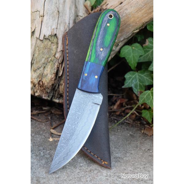 Skinner Couteau Damas Lame 256 Couches Lame Trailing Point Manche Green F Artisanale Etui Nylon