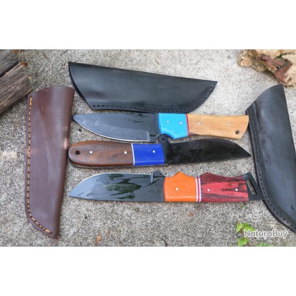 LOT DE 3 Couteau Tactical Urbain Lame Drop Acier Carbone 1055 Blk Manche Bois Etui Fab Artisanale