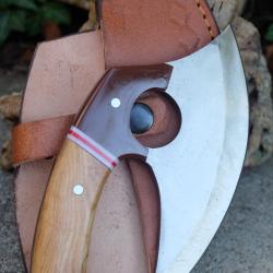 Couteau d'Esquimau Inuit Ulu Lame Acier Inox Manche Bois/R&eacute;sine Etui Cuir Fabr Artisanale