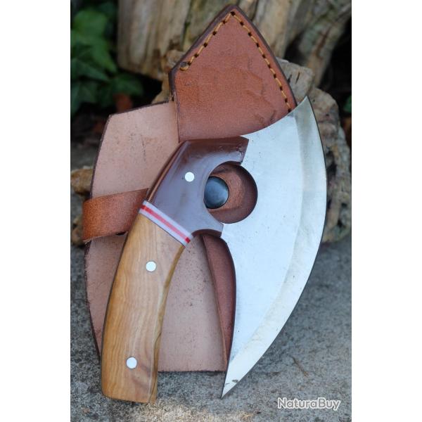 Couteau d'Esquimau Inuit Ulu Lame Acier Inox Manche Bois/R�sine Etui Cuir Fabr Artisanale