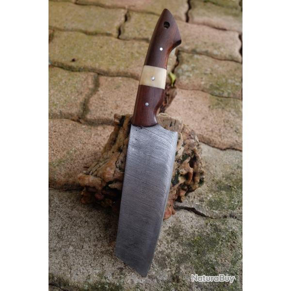 Couteau de Cuisine Style Japonais Damas Lame Kiritsuke 256 Couches Manche Bois/Os Fab Artisanale