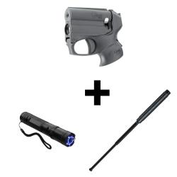 Pack d&eacute;fense: shocker 10 000 000 V + pistolet poivre + matraque t&eacute;l&eacute;scopique