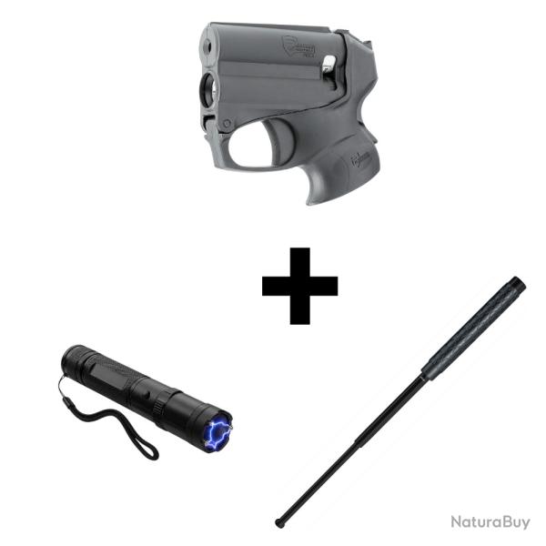 Pack d�fense: shocker 10 000 000 V + pistolet poivre + matraque t�l�scopique