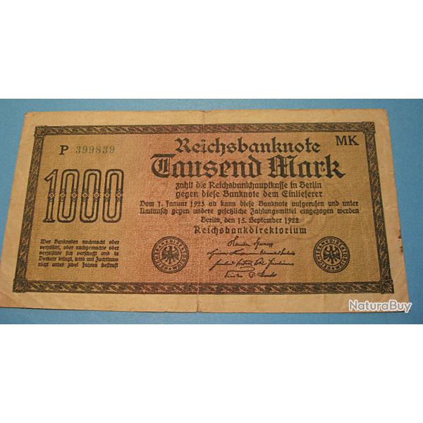 allemagne, billet de 1000  reichsbanknote septembre 1922 ttb