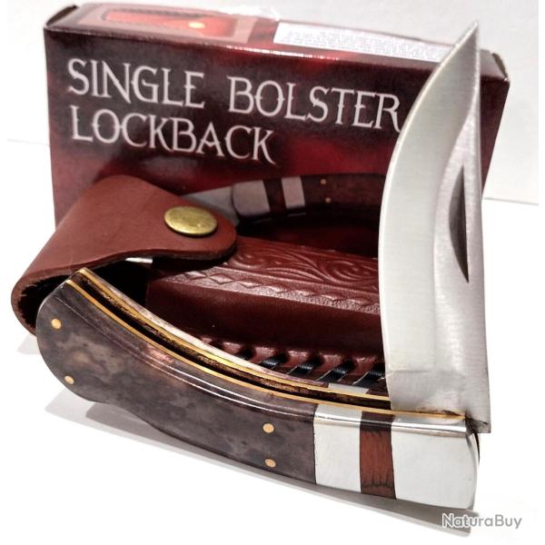 Couteau Pliant de Chasse Rite Edge BONE Manche Os Lame Acier Inox Lockback Etui Cuir 01br