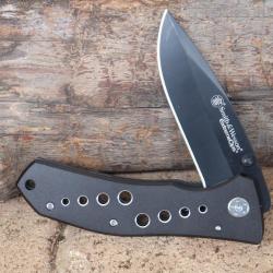 Couteau Smith&Wesson ExtremeOps Lame Drop Point Inox Noire Manche Aluminium Linerlock Clip 10CP