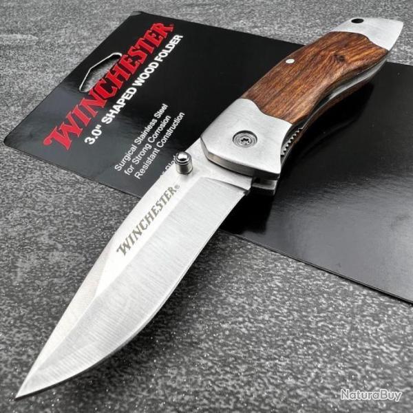 Couteau Winchester Pliant Manche Bois Lame Acier Inox S�curit� Linerlock Clip