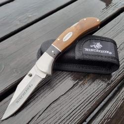 Couteau Winchester Burl Wood Lame Acier 3Cr13 Manche Bois Etui Nylon S&eacute;curit&eacute; Lockback
