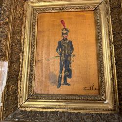 Rare peinture &agrave; l'huile sur panneau bois d'un chasseur  fran&ccedil;ais du 1er empire