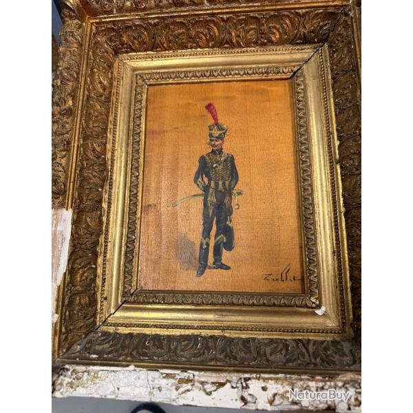 Rare peinture � l'huile sur panneau bois d'un chasseur  fran�ais du 1er empire