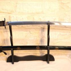 KATANA sabre japonais bois laqu&eacute; noir avec symboles sur fourreau EBR24JAP013
