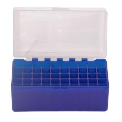 Bo&icirc;te de Rangement Bleu &agrave; Couvercle Transparent pour 50 Munitions Calibre 243 Megaline
