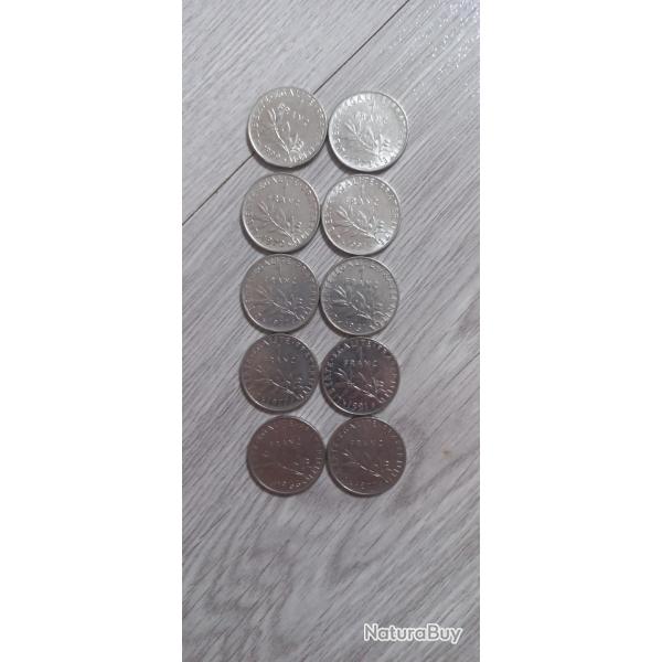 Vend lot 10 piece de 1 franc semeuse, 1961,1966,1970,1973,1977,1977,1977,1991,1991,1999.