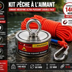 Kit de p&ecirc;che &agrave; l'aimant double face 140 kg - Corde 15 m&egrave;tres