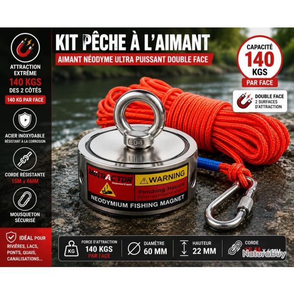 Kit de p�che � l'aimant double face 140 kg - Corde 15 m�tres