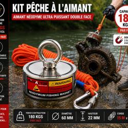 Kit de p&ecirc;che &agrave; l'aimant double face 180 kg - Corde 15 m&egrave;tres