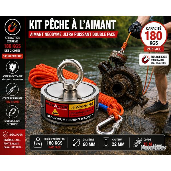 Kit de p�che � l'aimant double face 180 kg - Corde 15 m�tres