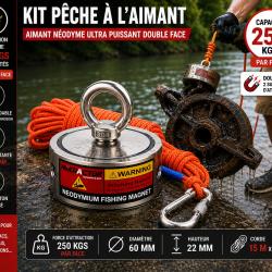 Kit de p&ecirc;che &agrave; l'aimant double face 250 kg - Corde 15 m&egrave;tres