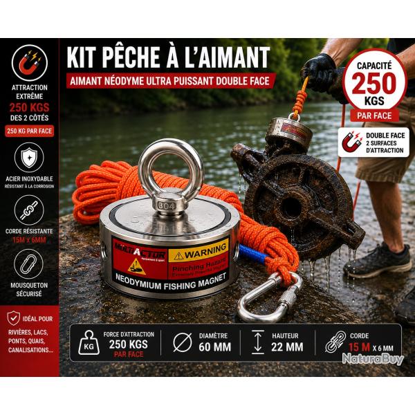Kit de p�che � l'aimant double face 250 kg - Corde 15 m�tres