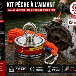 Kit de p&ecirc;che &agrave; l'aimant double face 350 kg - Corde 15 m&egrave;tres