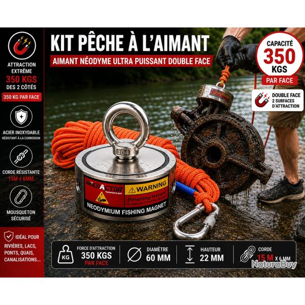 Kit de p�che � l'aimant double face 350 kg - Corde 15 m�tres