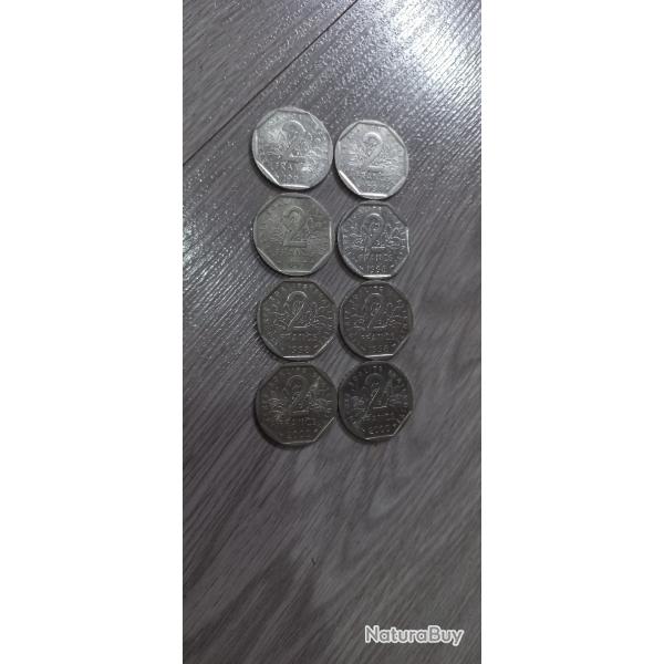 Vend lot 8 piece 2 franc semeuse 1994,1994,1997,1998,1998,1988,2000,2000.