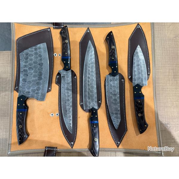 Set de 5 Couteaux de Chef Artisanal, FORG� MAIN Couteaux de Cuisine, Damas 128 couches �tui en Cuir