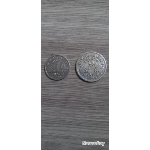 Vend lot 2 piece 1 franc 1943 1 piece 2 franc 1944 aluminium