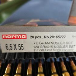 Munitions calibre 6.5x55 se Norma - Nosler BST 120 Gr - 7.8 g