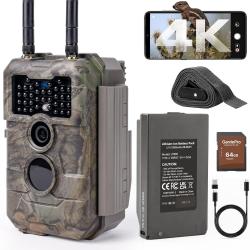 Cam&eacute;ra Chasse Solaire 4K/64MP Port&eacute; WiFi 50m Batterie7800mAh  &Eacute;tanche IP66 Vision Nocturne SD 64Go