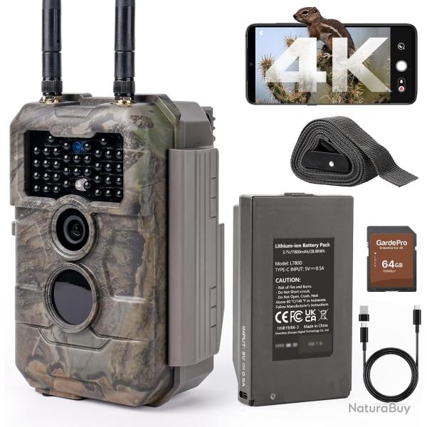 Cam�ra Chasse Solaire 4K/64MP Port� WiFi 50m Batterie7800mAh  �tanche IP66 Vision Nocturne SD 64Go
