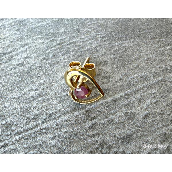 Boucle d'oreille unique en or massif 18 carats - rubis - coeur