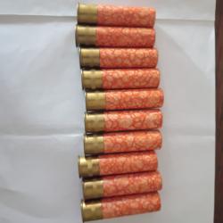 Lot de 10 belles cartouches anciennes MF douilles cartons mouchet&eacute;es  oranges  cal 20 Magnums