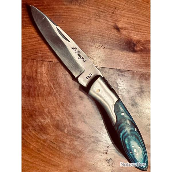 Couteau pliant Le Bougna Drop - Bois color� bleu - Ench�re 1.00 �