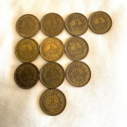 Lot de 11 pi&egrave;ces 5 Franc RF Marianne, Andr&eacute; Lavrillier 1938, 1940, 1945,1946