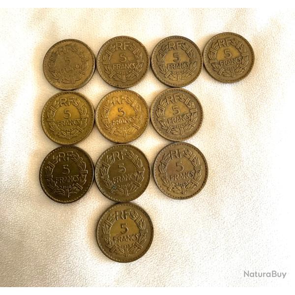 Lot de 11 pi�ces 5 Franc RF Marianne, Andr� Lavrillier 1938, 1940, 1945,1946