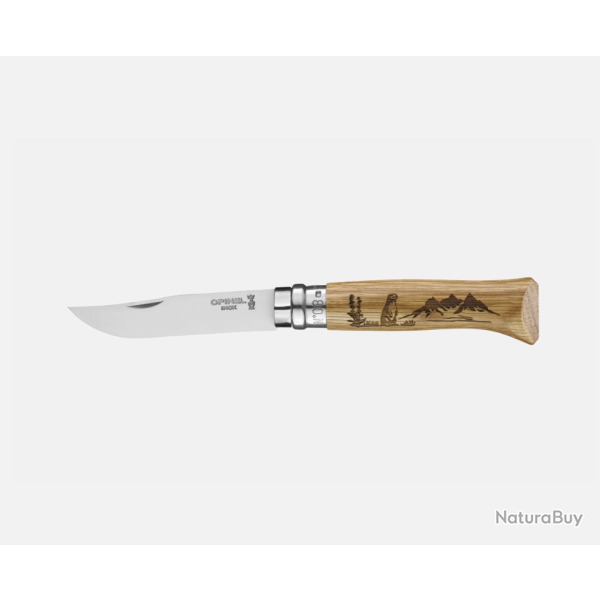 Opinel N�08 Animalia Marmotte - Couteau de Poche Ch�ne Grav� - Lame Inox 8,5 cm