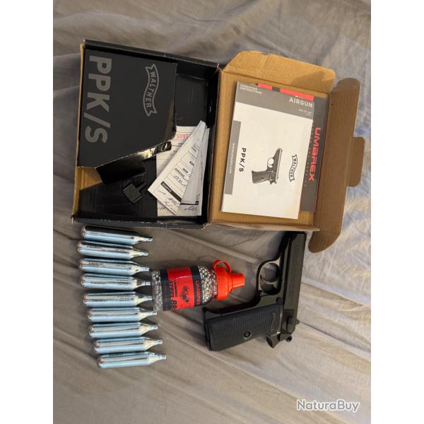 Walther PPK/S co2 bille acier de 4.5mm + 9 cartouches de co2 ainsi qu'un biberon de billes