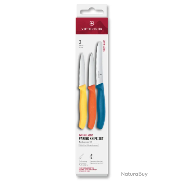 Victorinox 6.7116.32C1 - Set 3 Couteaux d'Office Jaune Orange Bleu - Lames Inox