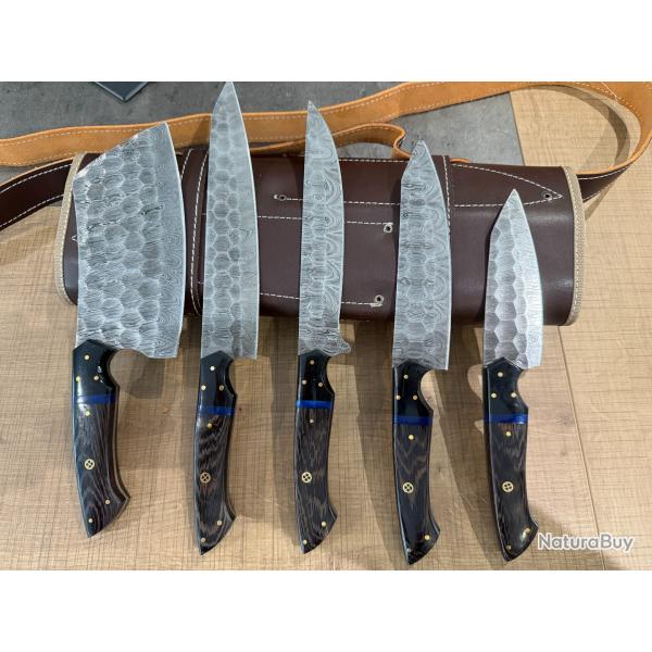 Set de 5 Couteaux de Chef FORG� MAIN Artisanal Couteaux de Cuisine, Damas 128 couches �tui en Cuir