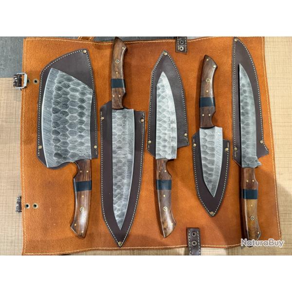 Set de 5 Couteaux de Chef Artisanal Lame Damas 128 couches Couteaux de Cuisine avec �tui en Cuir