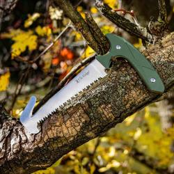 Scie Elk Ridge Hinterland Acier 5Cr15MoV Manche G10 Vert Etui Nylon ERHLSAW001